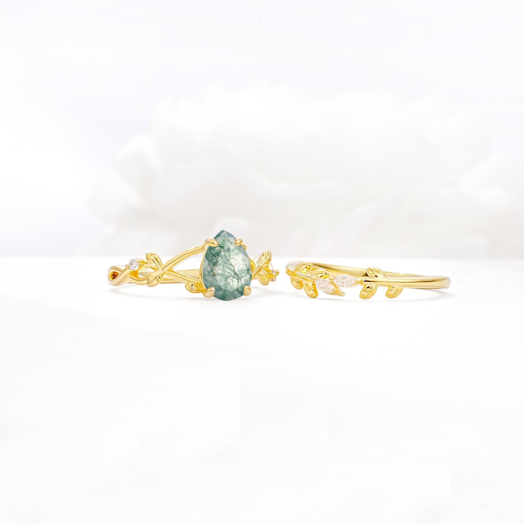 Botanical Twisted Vine Pear Cut Moss Agate Bridal Ring Set - White-Gold