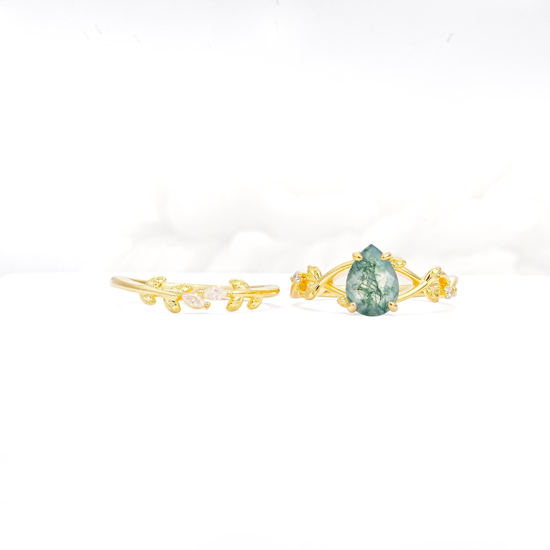 Botanical Twisted Vine Pear Cut Moss Agate Bridal Ring Set - Additional view