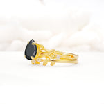 Botanical Twisted Vine Pear Cut Black Onyx Bridal Ring Set - Rose-Gold