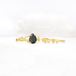 Botanical Twisted Vine Pear Cut Black Onyx Bridal Ring Set - White-Gold
