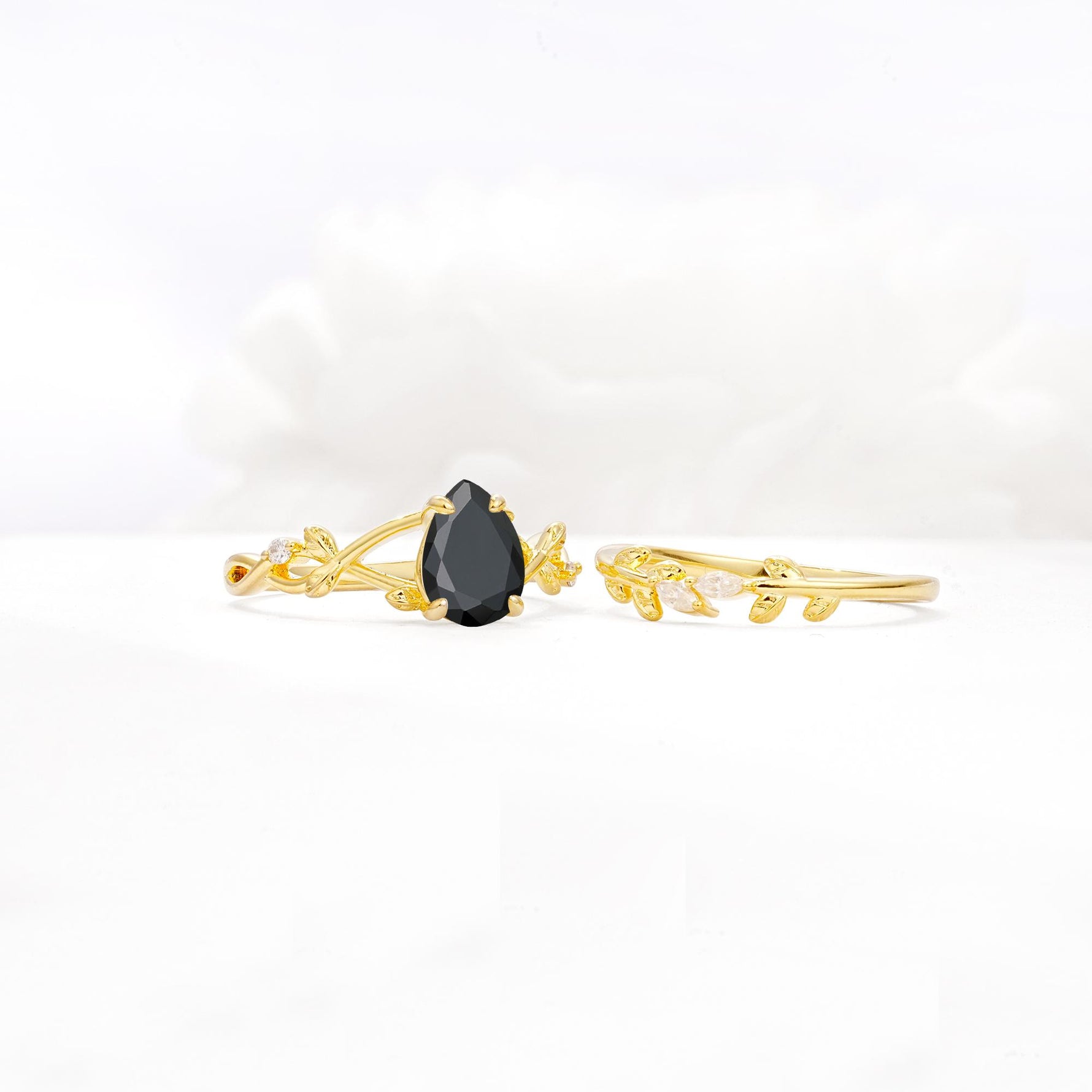 Botanical Twisted Vine Pear Cut Black Onyx Bridal Ring Set - White-Gold
