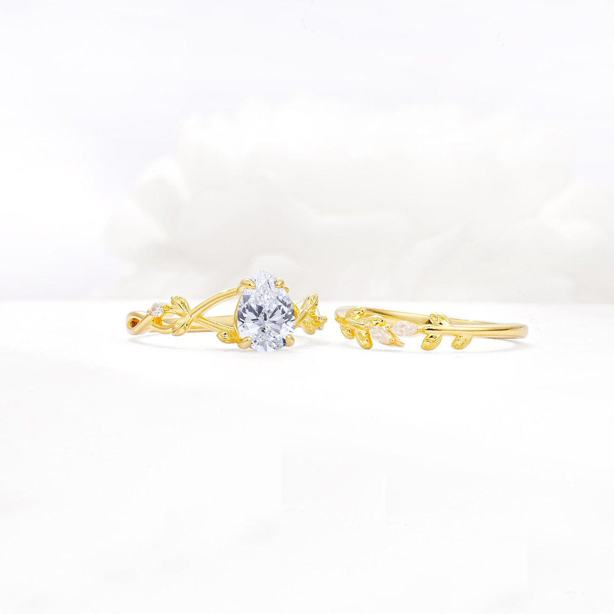 Botanical Twisted Vine Pear Cut Lab Diamond Bridal Ring Set - White-Gold