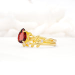 Botanical Twisted Vine Pear Cut Garnet Bridal Ring Set - Rose-Gold