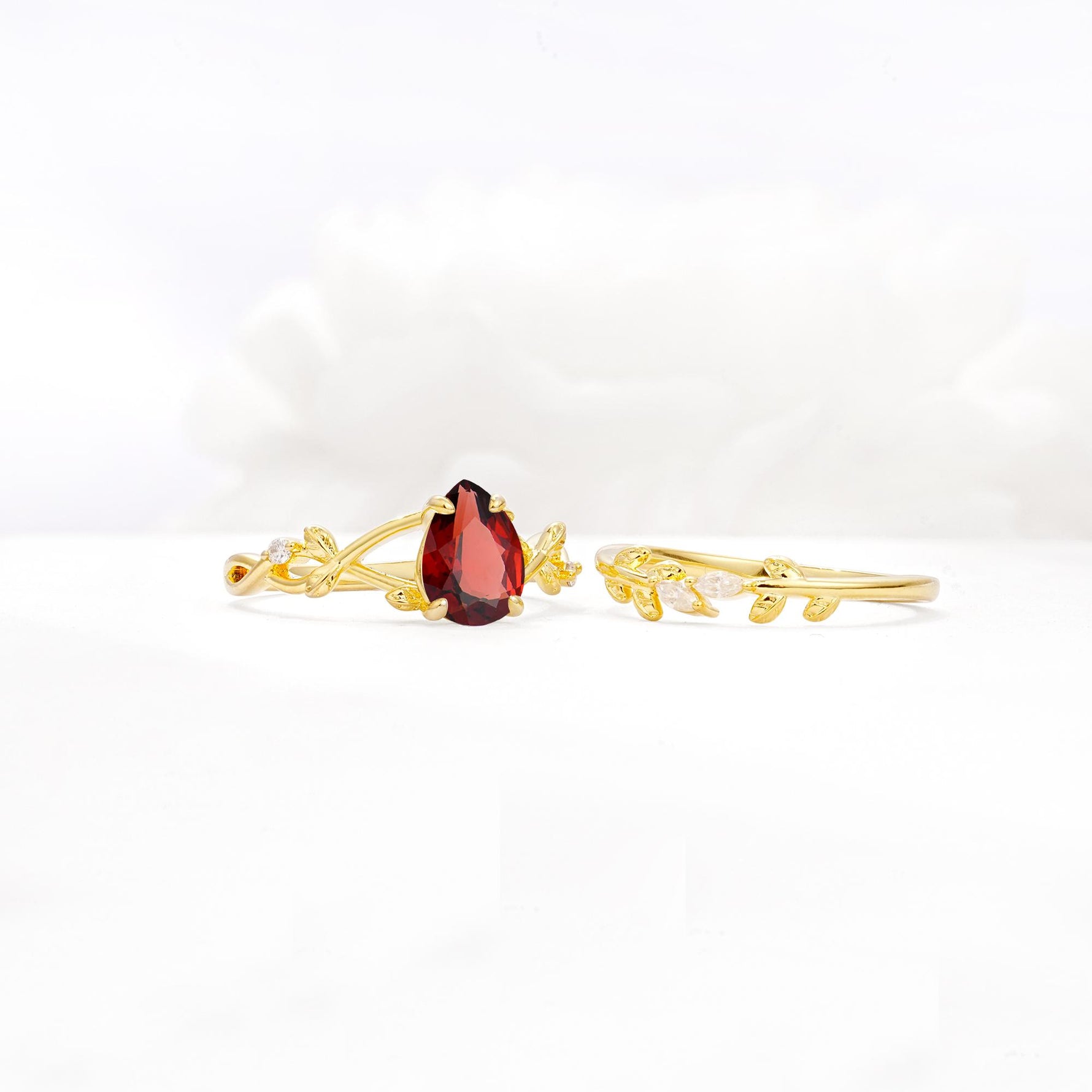 Botanical Twisted Vine Pear Cut Garnet Bridal Ring Set - White-Gold