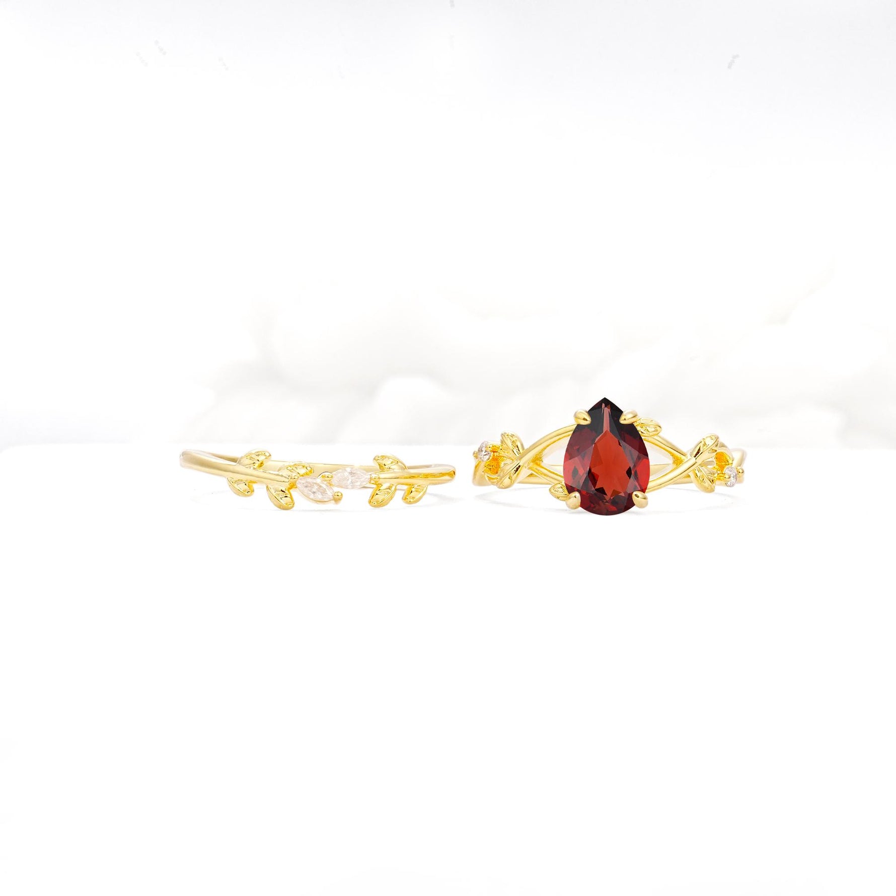 Botanical Twisted Vine Pear Cut Garnet Bridal Ring Set - Additional view