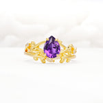 Botanical Twisted Vine Pear Cut Amethyst Bridal Ring Set - Yellow-Gold
