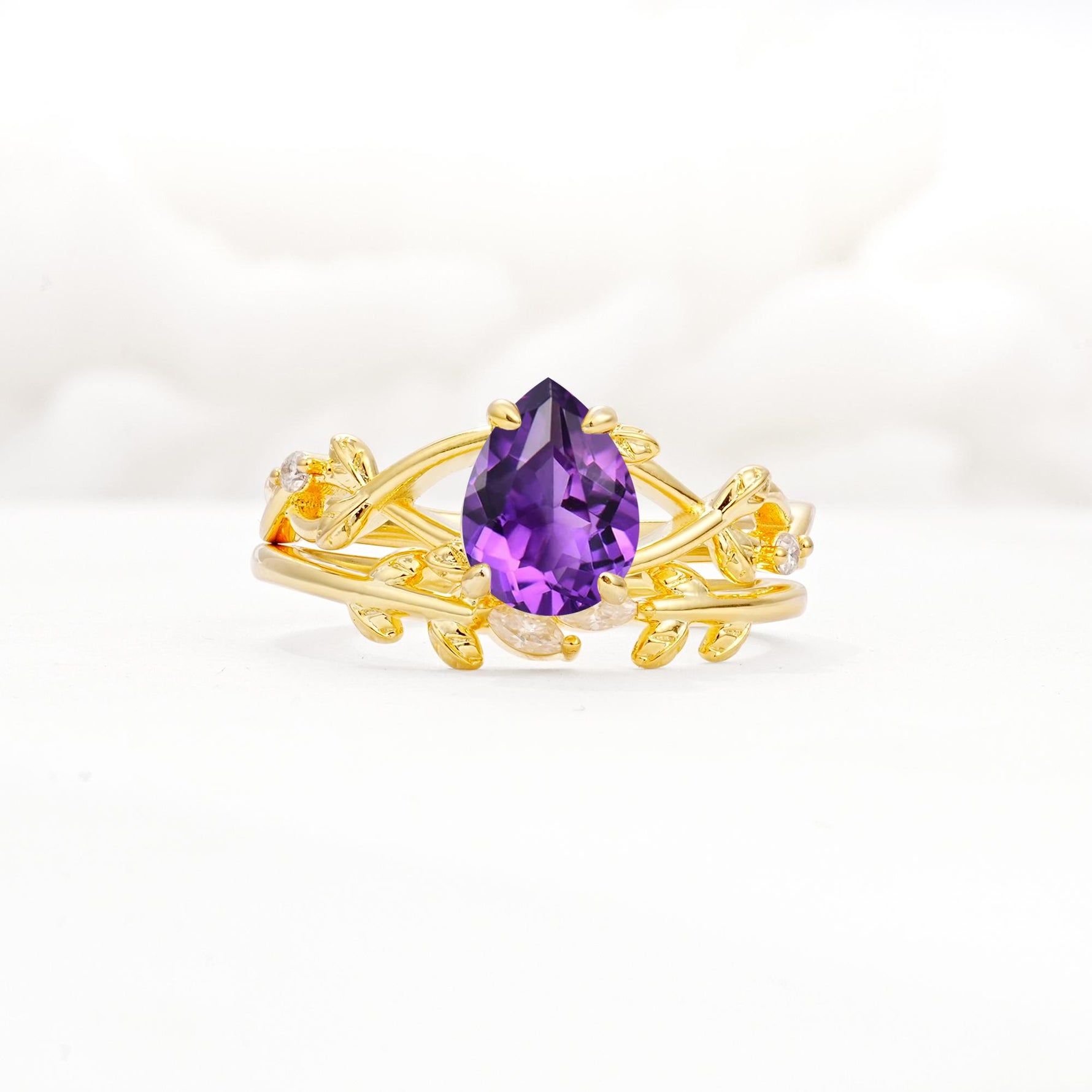 Botanical Twisted Vine Pear Cut Amethyst Bridal Ring Set - Yellow-Gold