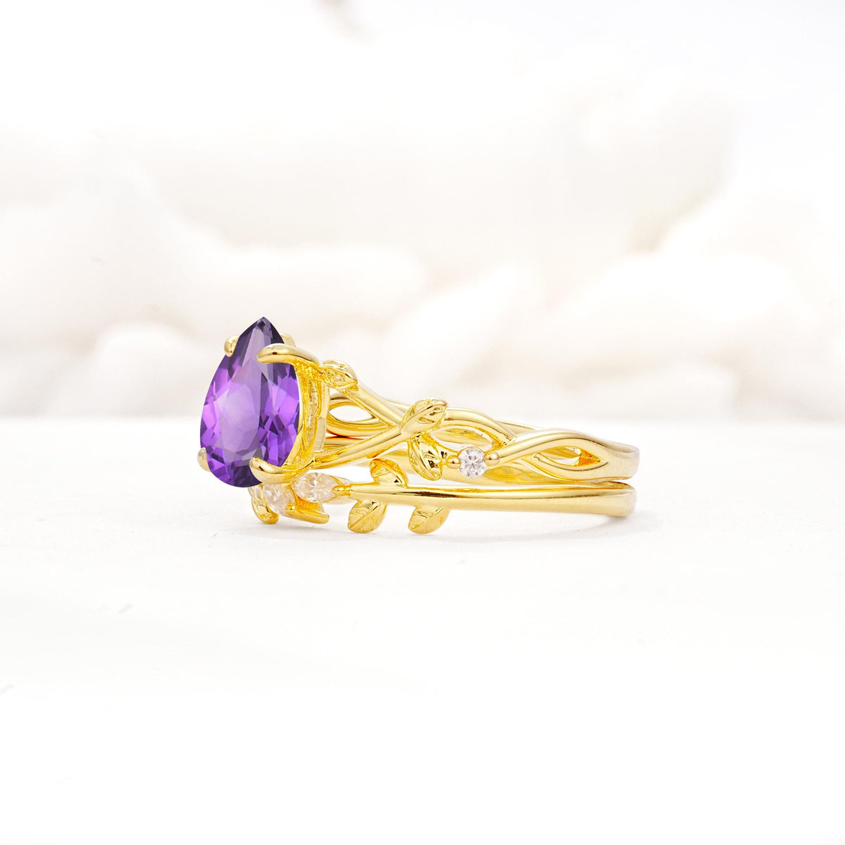 Botanical Twisted Vine Pear Cut Amethyst Bridal Ring Set - Rose-Gold
