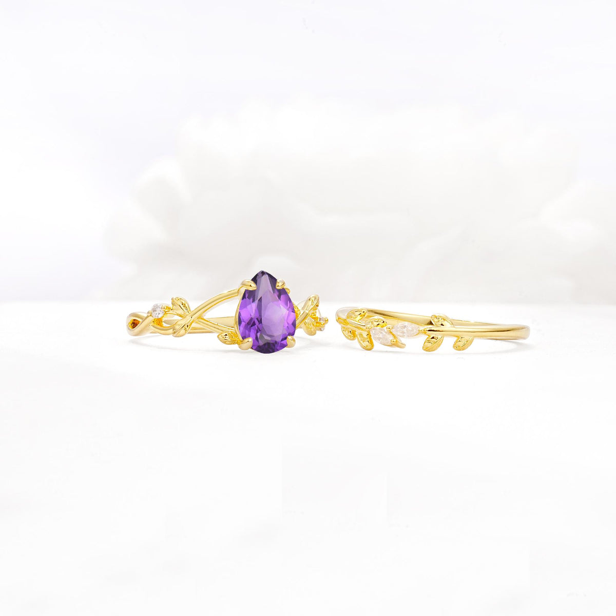 Botanical Twisted Vine Pear Cut Amethyst Bridal Ring Set - White-Gold