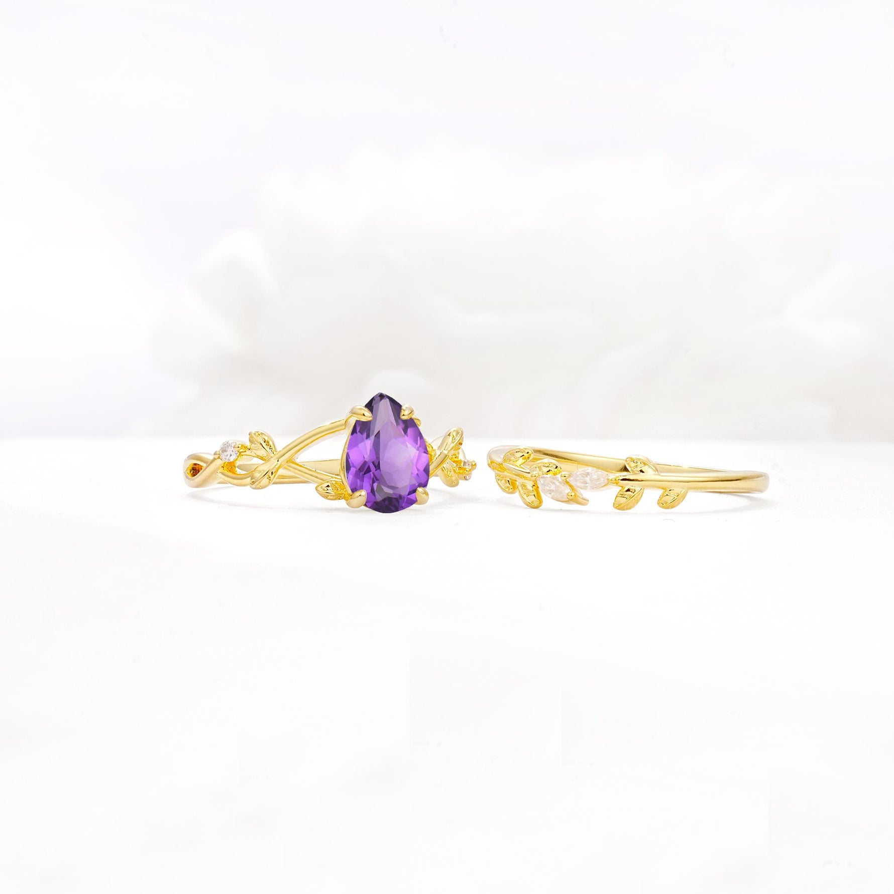 Botanical Twisted Vine Pear Cut Amethyst Bridal Ring Set - White-Gold
