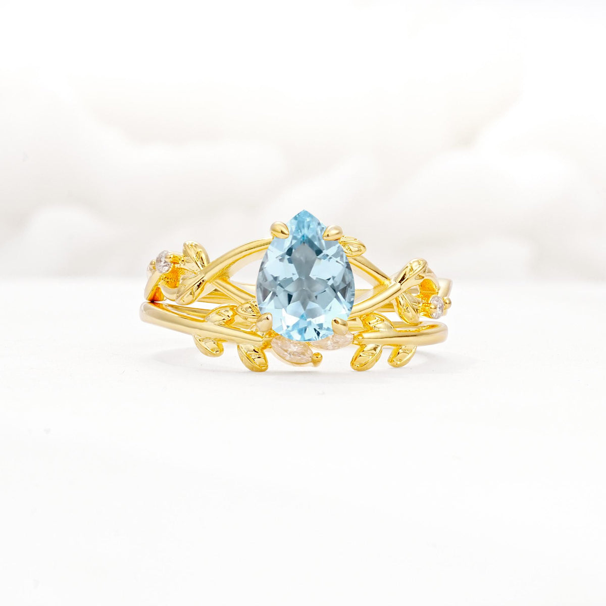 Botanical Twisted Vine Pear Cut Aquamarine Bridal Ring Set - Yellow-Gold