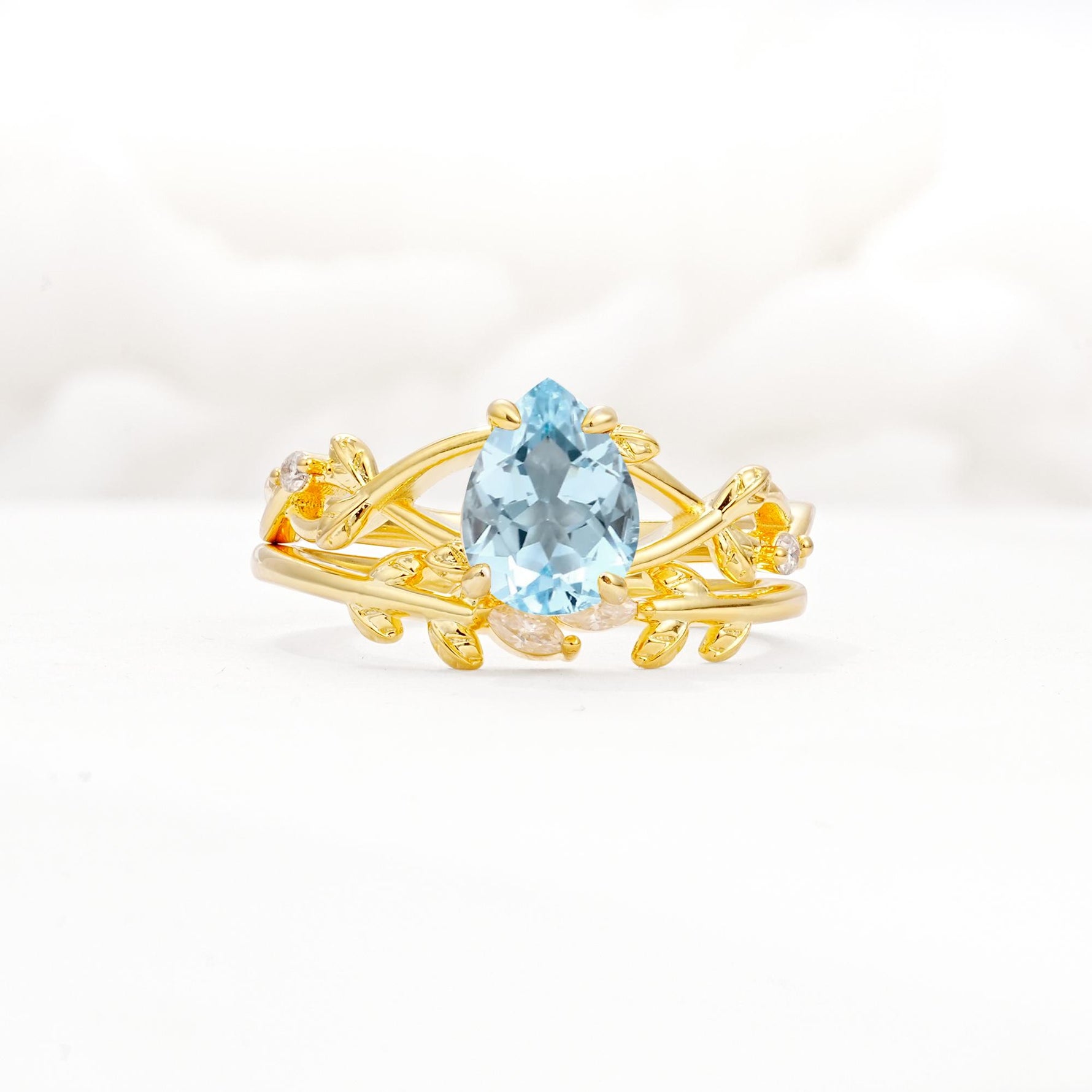 Botanical Twisted Vine Pear Cut Aquamarine Bridal Ring Set - Yellow-Gold