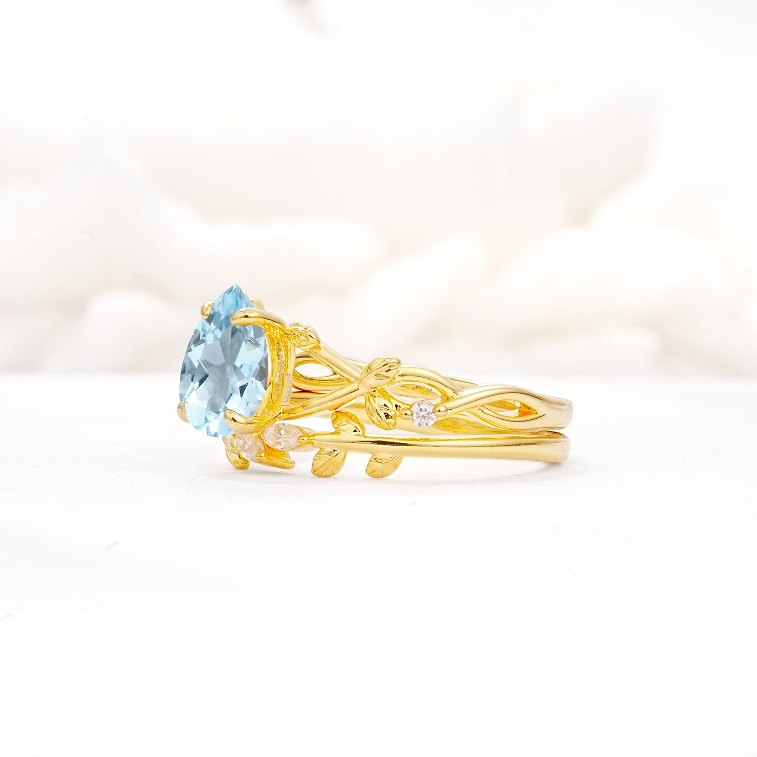 Botanical Twisted Vine Pear Cut Aquamarine Bridal Ring Set - Rose-Gold