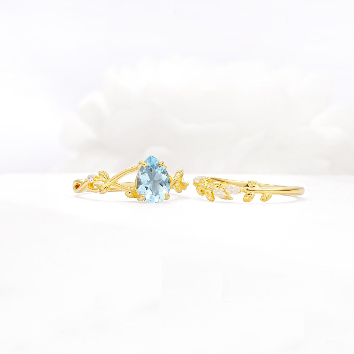 Botanical Twisted Vine Pear Cut Aquamarine Bridal Ring Set - White-Gold