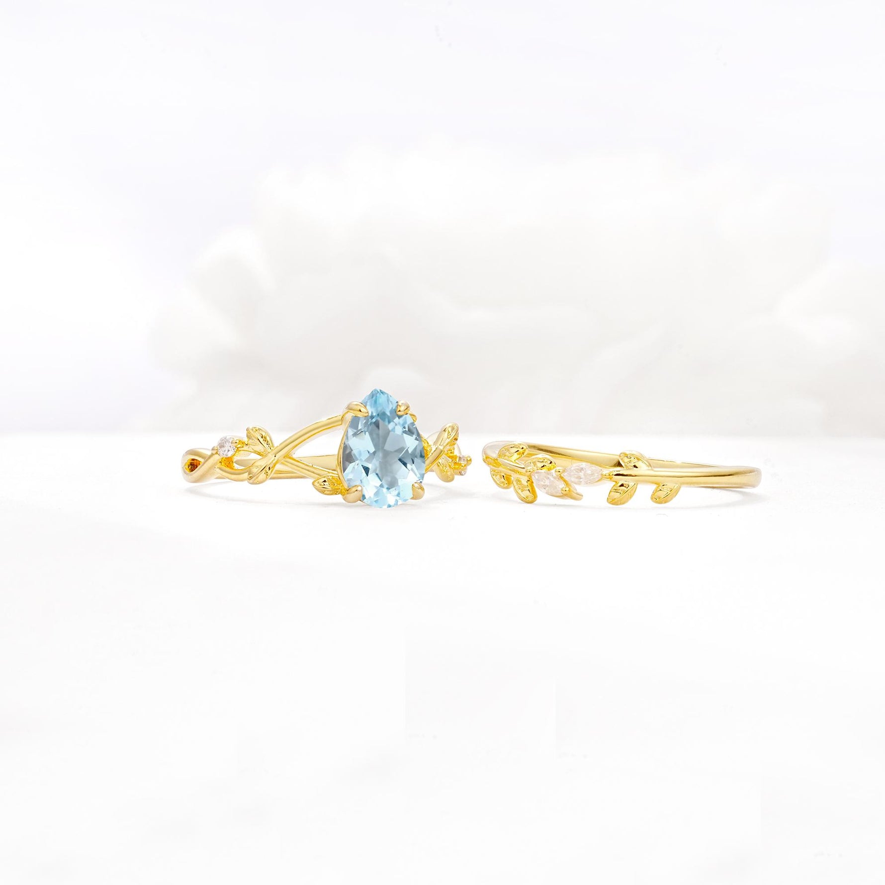 Botanical Twisted Vine Pear Cut Aquamarine Bridal Ring Set - White-Gold