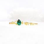 Botanical Twisted Vine Pear Cut Emerald Bridal Ring Set - White-Gold