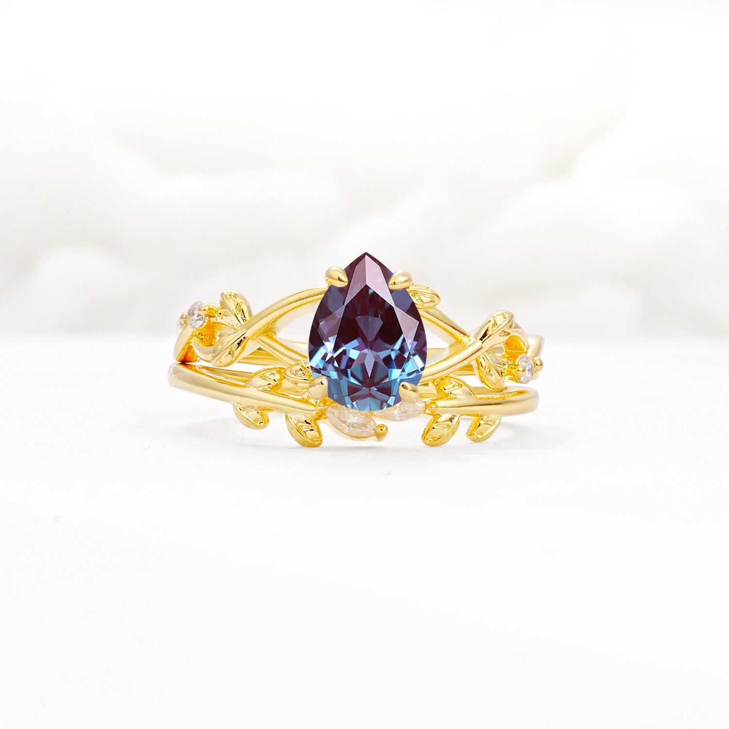 Botanical Twisted Vine Pear Cut Alexandrite Bridal Ring Set - Yellow-Gold
