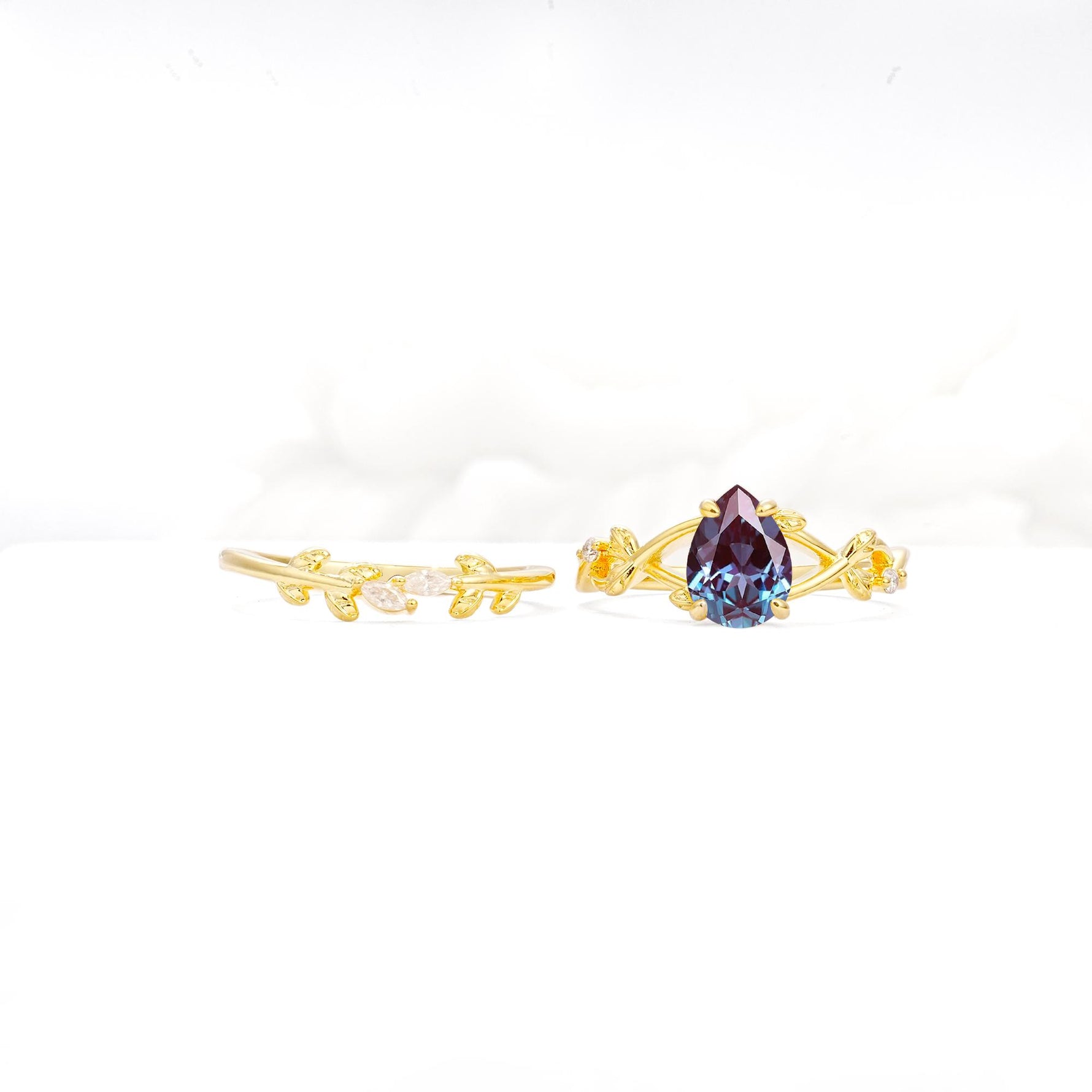 Botanical Twisted Vine Pear Cut Alexandrite Bridal Ring Set - Additional view