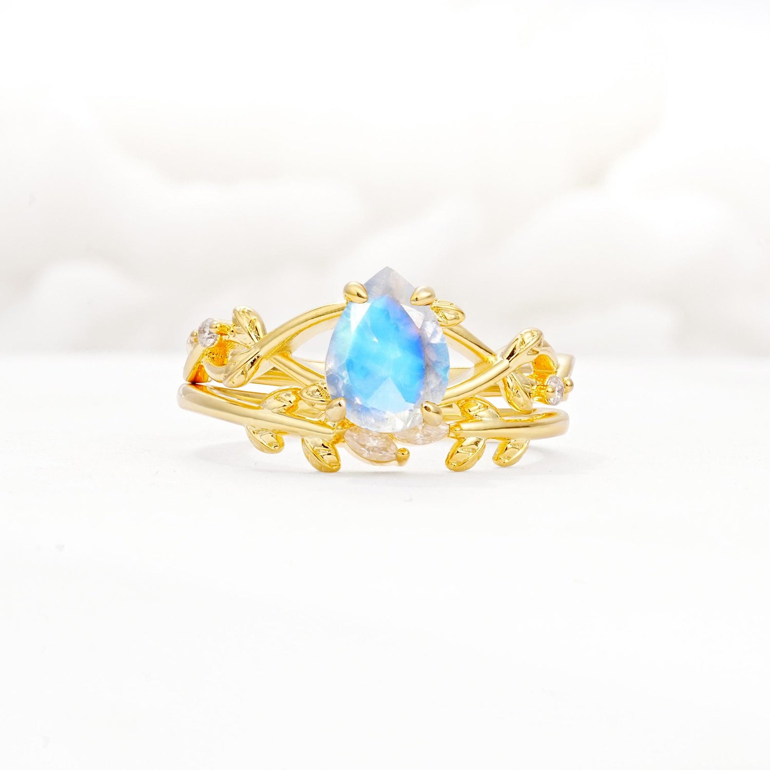 Botanical Twisted Vine Pear Cut Moonstone Bridal Ring Set - Yellow-Gold