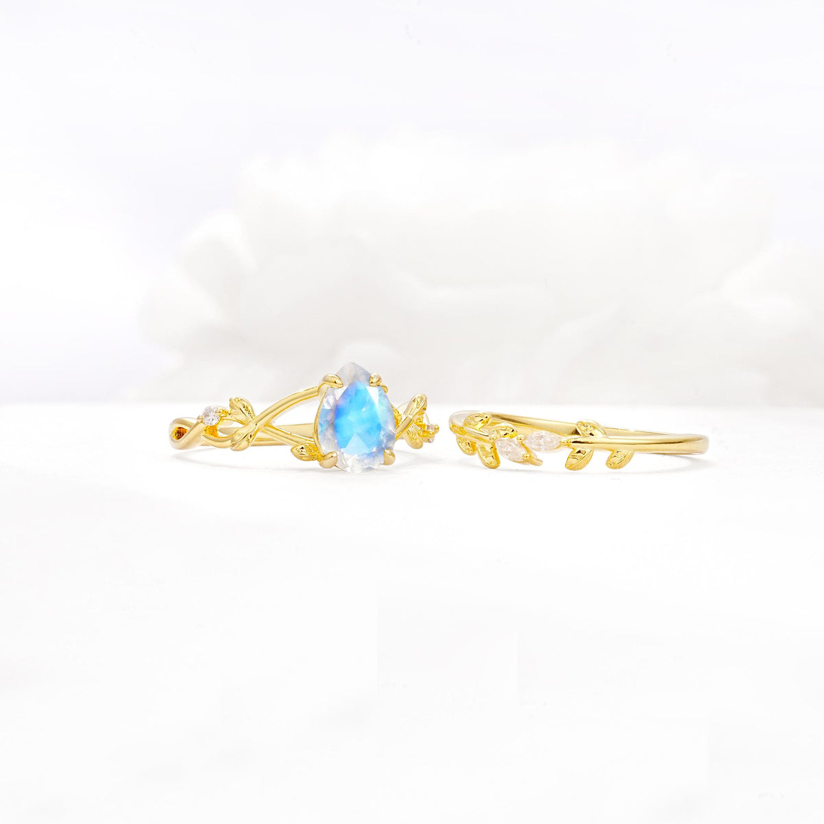 Botanical Twisted Vine Pear Cut Moonstone Bridal Ring Set - White-Gold