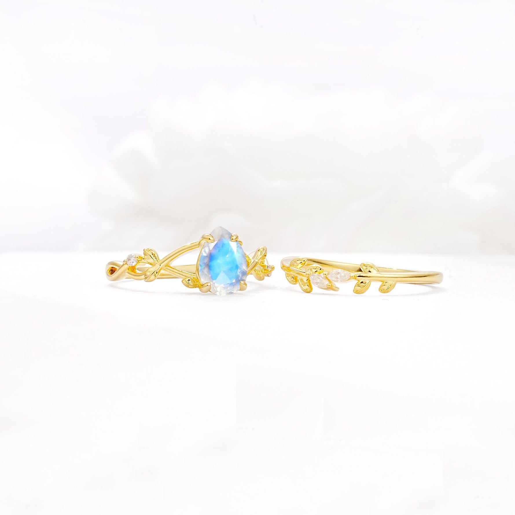 Botanical Twisted Vine Pear Cut Moonstone Bridal Ring Set - White-Gold