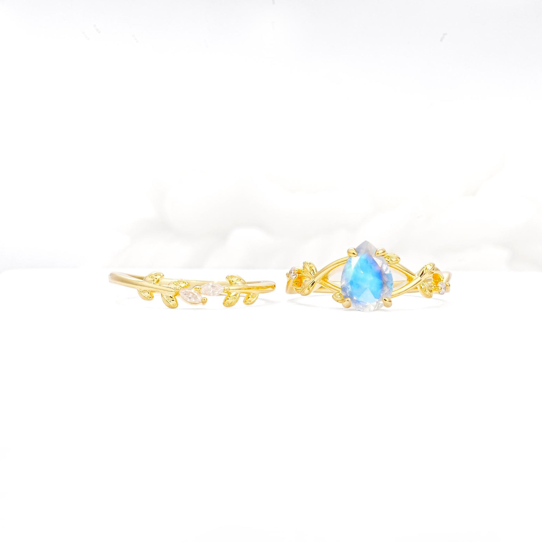 Botanical Twisted Vine Pear Cut Moonstone Bridal Ring Set - Additional view