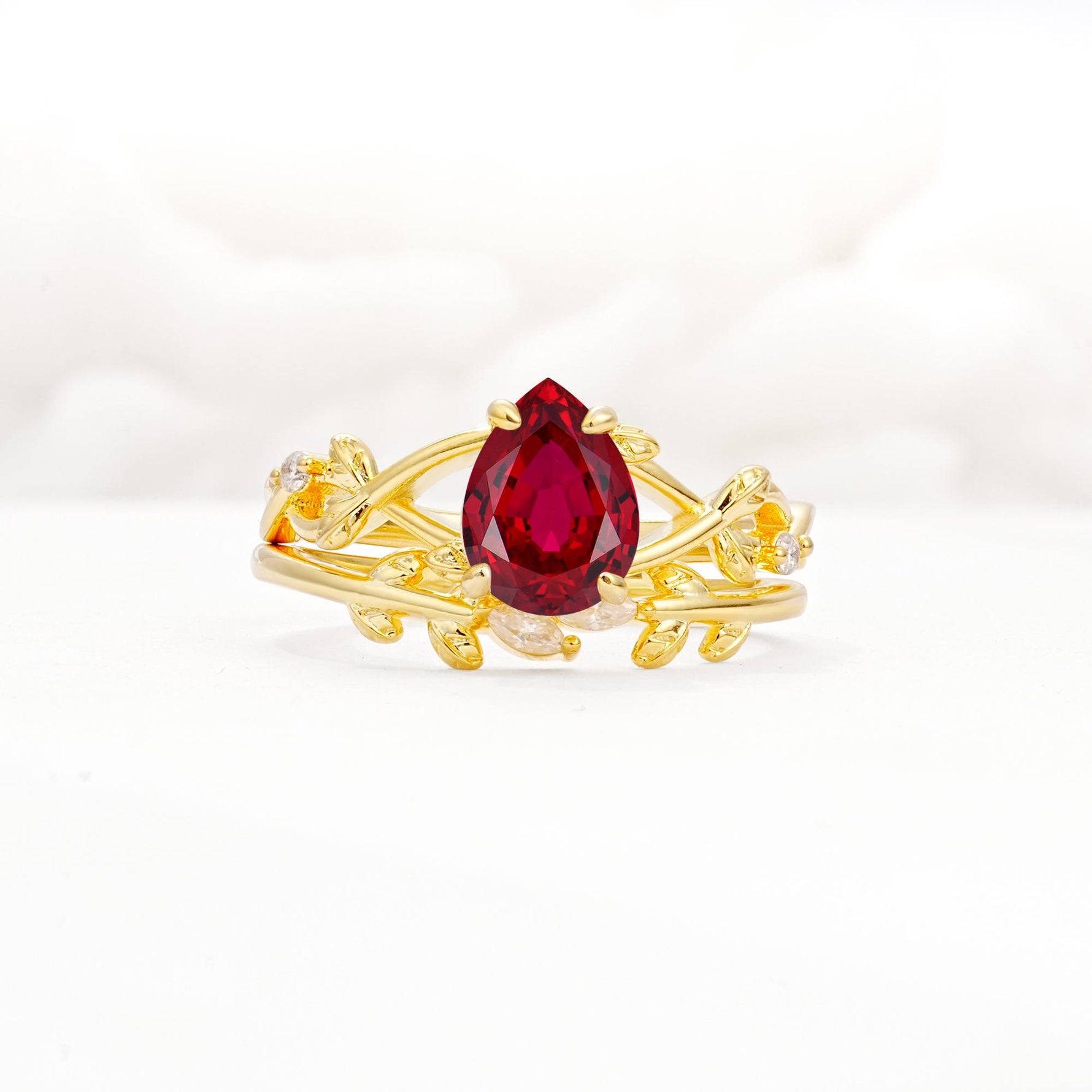Botanical Twisted Vine Pear Cut Ruby Bridal Ring Set - Yellow-Gold