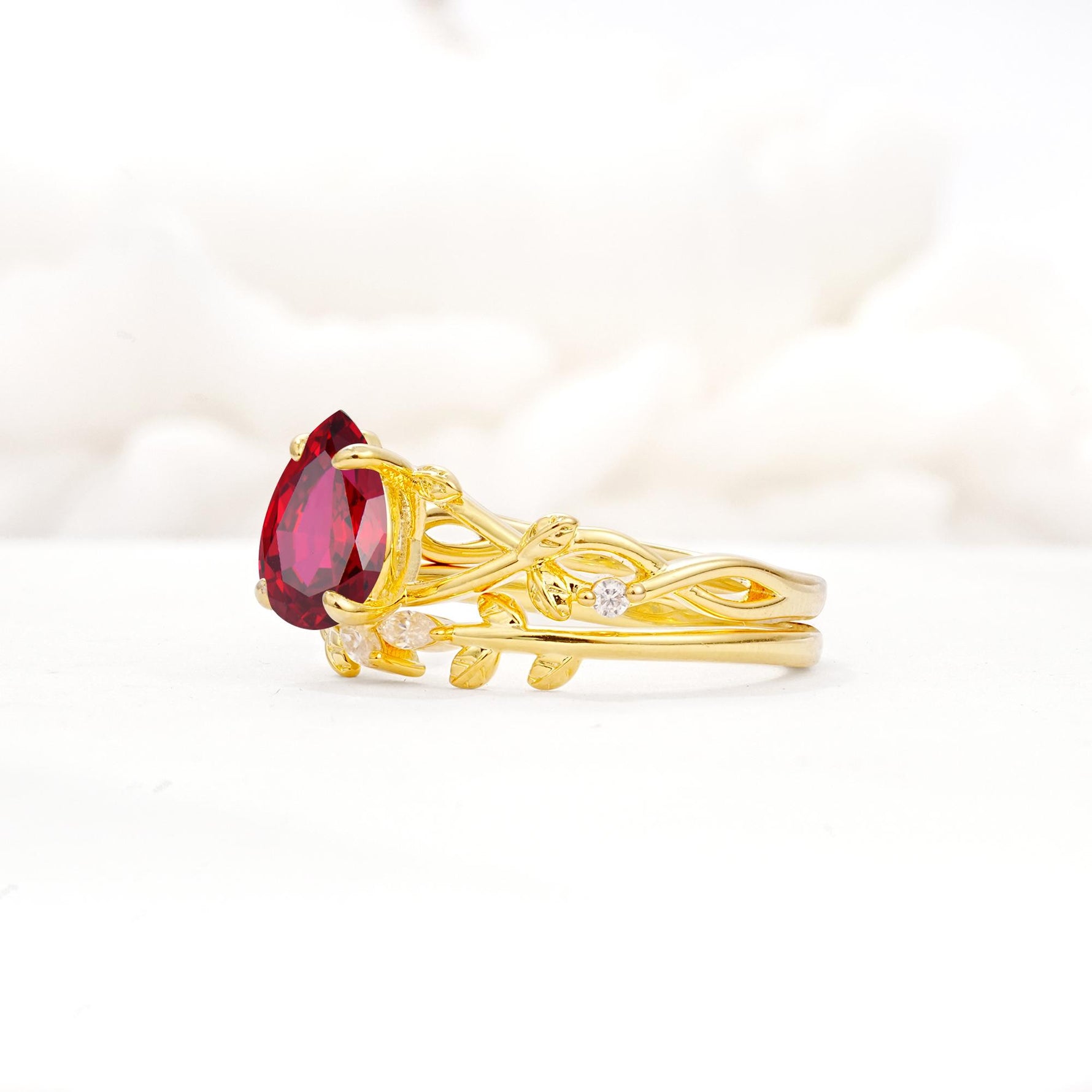 Botanical Twisted Vine Pear Cut Ruby Bridal Ring Set - Rose-Gold