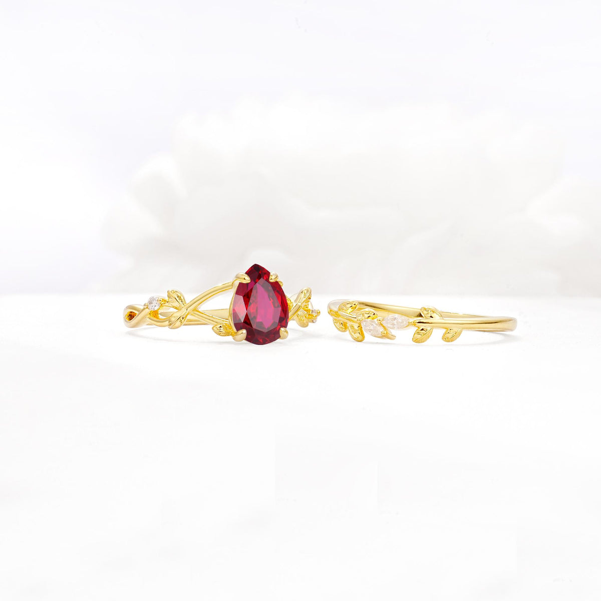Botanical Twisted Vine Pear Cut Ruby Bridal Ring Set - White-Gold