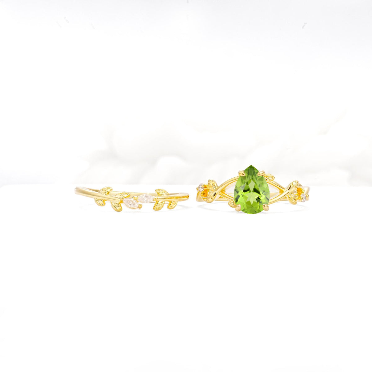 Botanical Twisted Vine Pear Cut Peridot Bridal Ring Set - Additional view