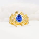 Pear Cut Sapphire Floral Engagement Ring Set - Yellow-Gold