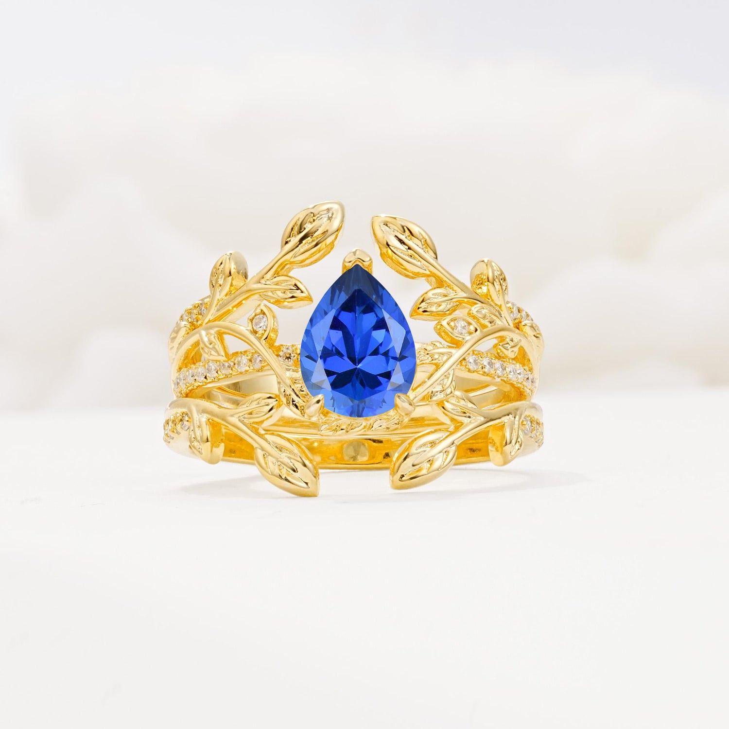Pear Cut Sapphire Floral Engagement Ring Set - Yellow-Gold