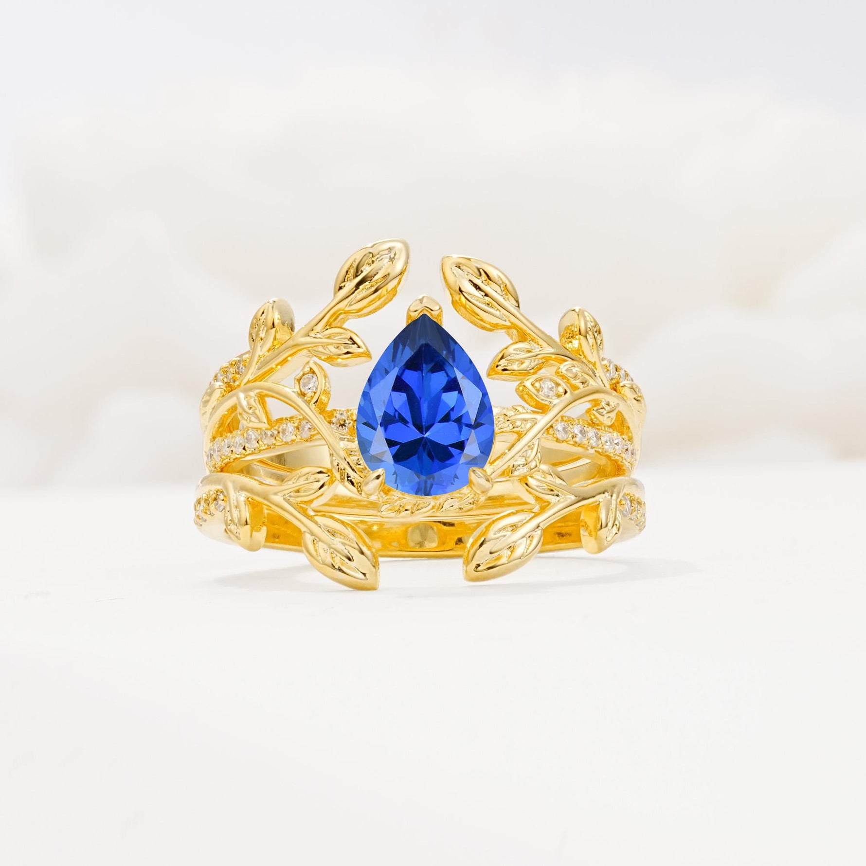 Pear Cut Sapphire Floral Engagement Ring Set - Yellow-Gold