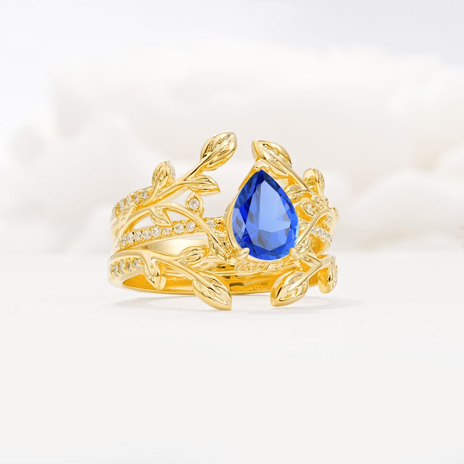 Pear Cut Sapphire Floral Engagement Ring Set - Rose-Gold