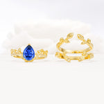 Pear Cut Sapphire Floral Engagement Ring Set - White-Gold