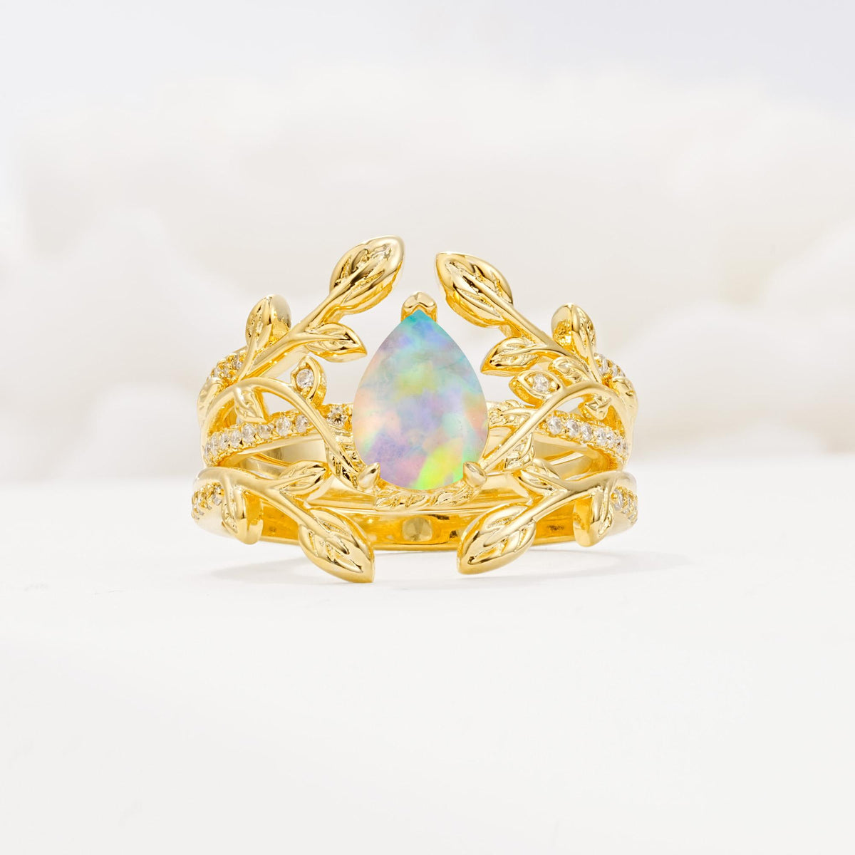 Pear Cut Fire Opal Floral Engagement Ring Set - Yellow-Gold