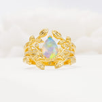 Pear Cut Fire Opal Floral Engagement Ring Set - Yellow-Gold