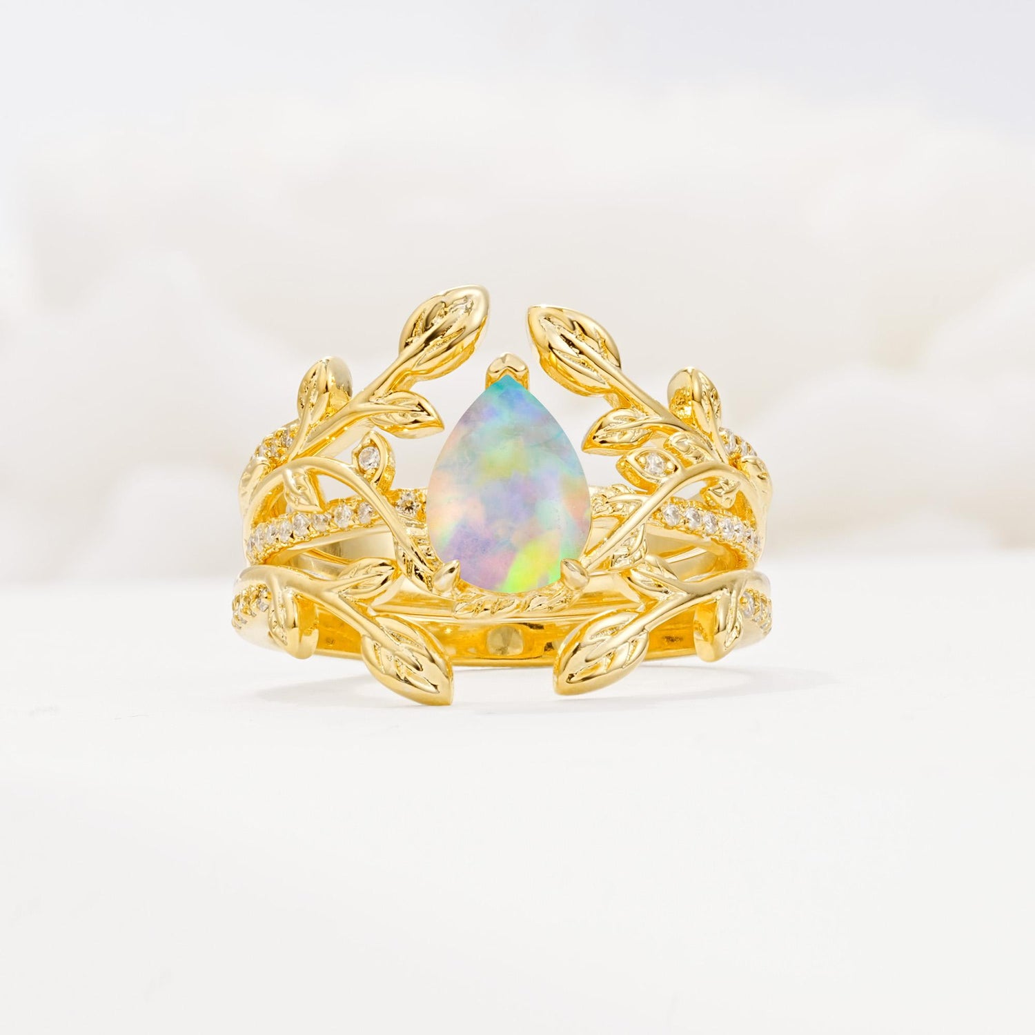 Pear Cut Fire Opal Floral Engagement Ring Set - Yellow-Gold