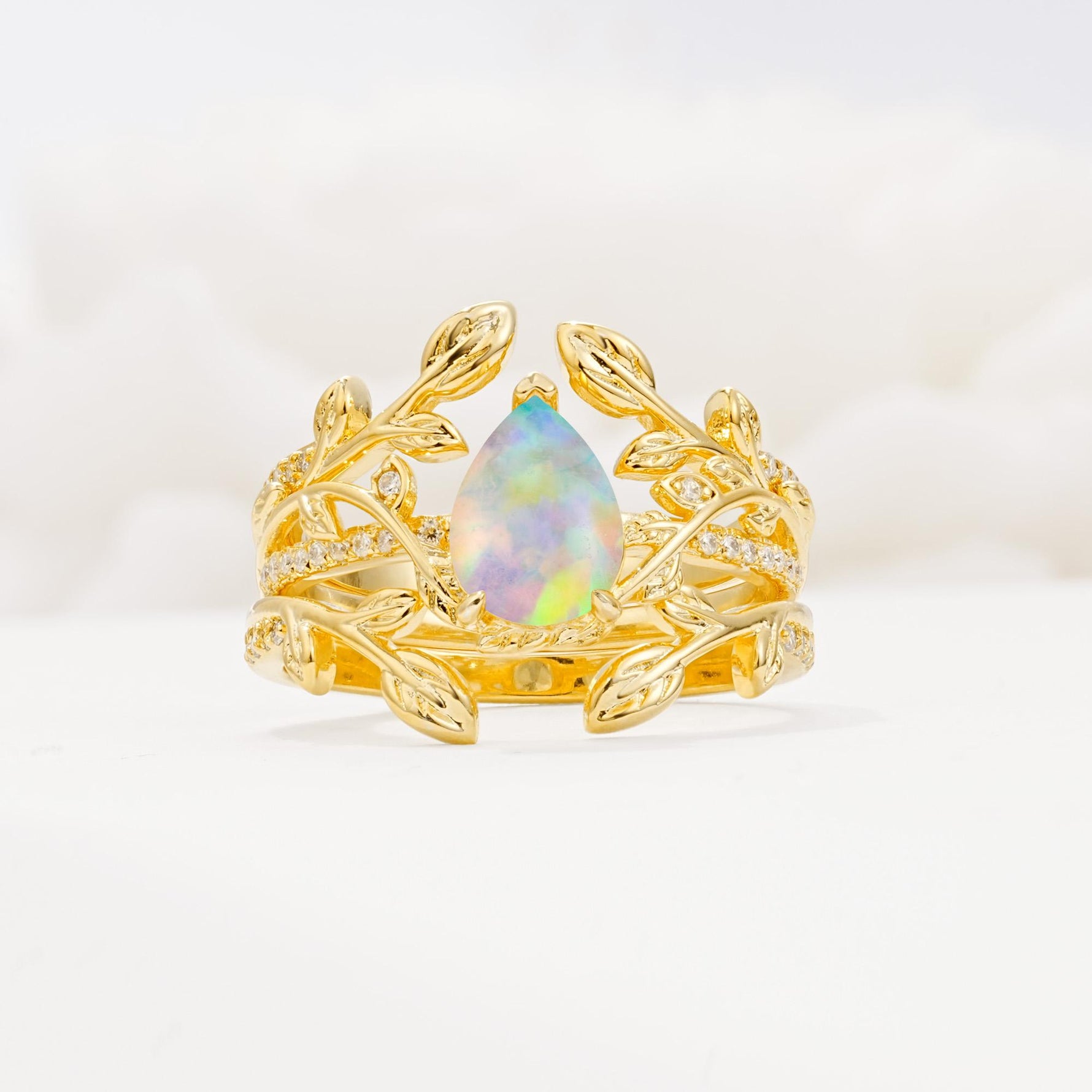 Pear Cut Fire Opal Floral Engagement Ring Set - Yellow-Gold