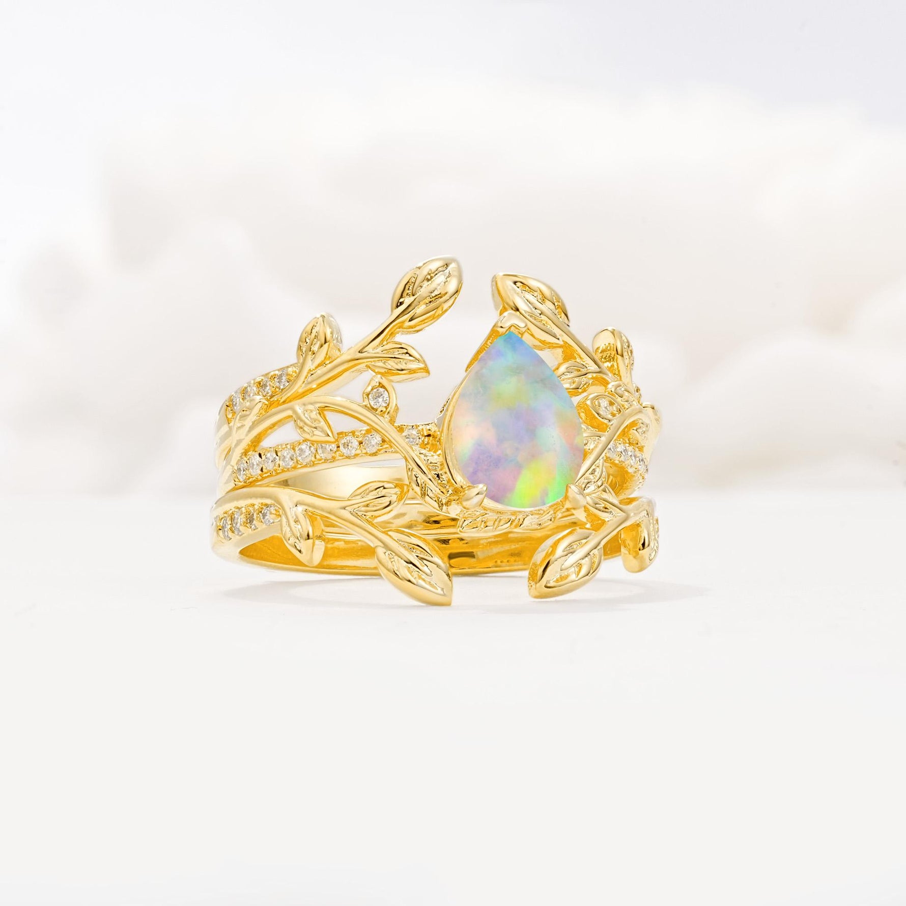 Pear Cut Fire Opal Floral Engagement Ring Set - Rose-Gold