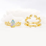 Pear Cut Fire Opal Floral Engagement Ring Set - White-Gold