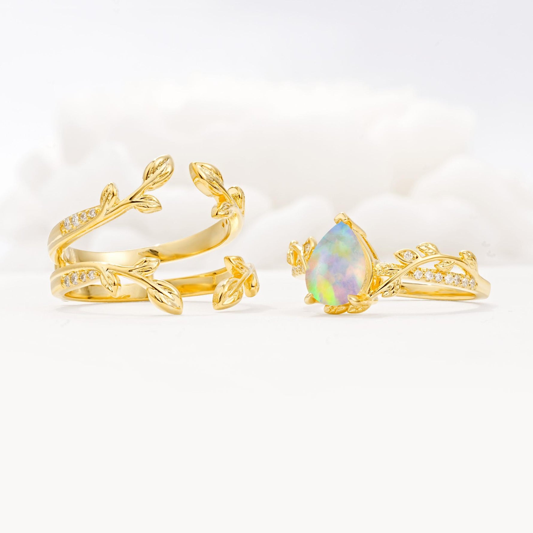 Pear Cut Fire Opal Floral Engagement Ring Set - Additional view