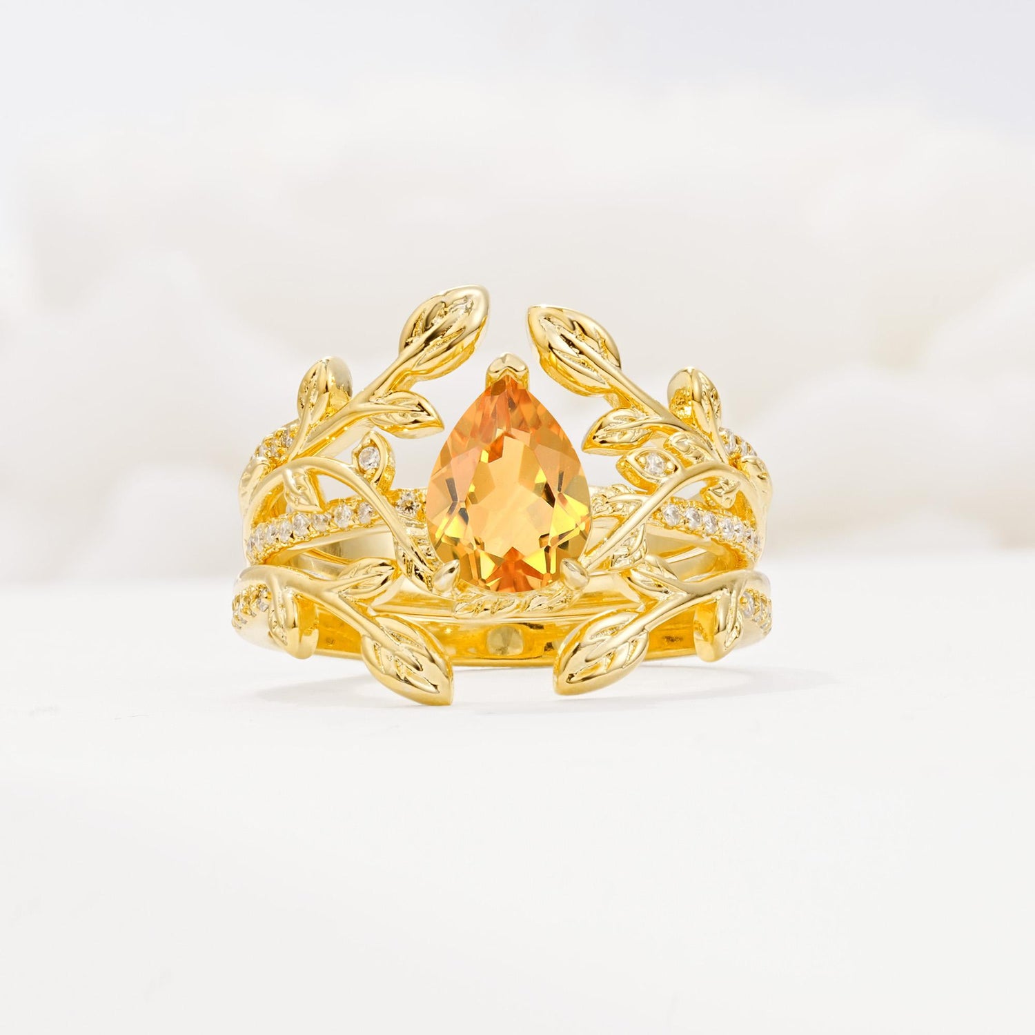 Pear Cut Citrine Floral Engagement Ring Set - Yellow-Gold