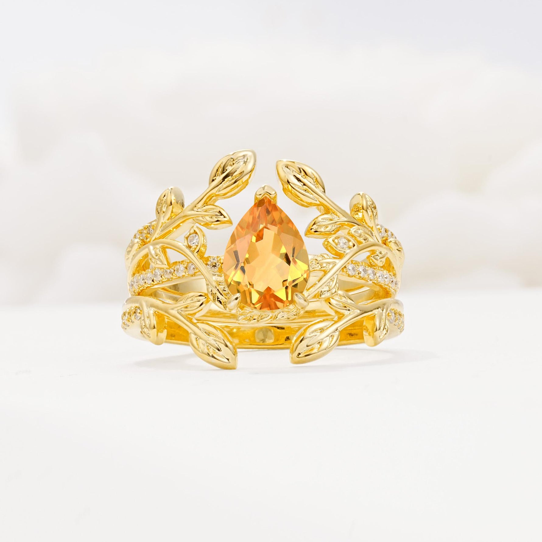 Pear Cut Citrine Floral Engagement Ring Set - Yellow-Gold