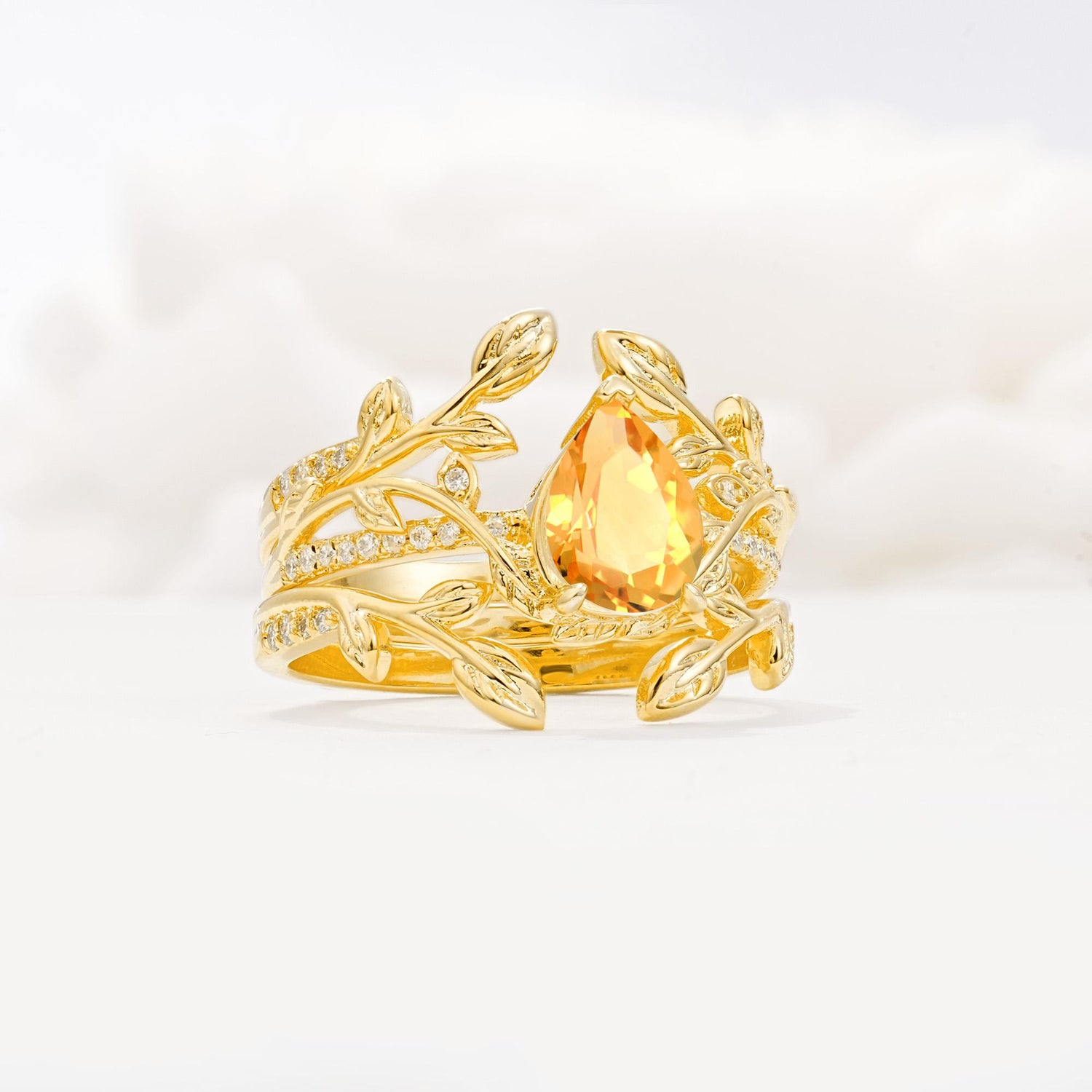 Pear Cut Citrine Floral Engagement Ring Set - Rose-Gold