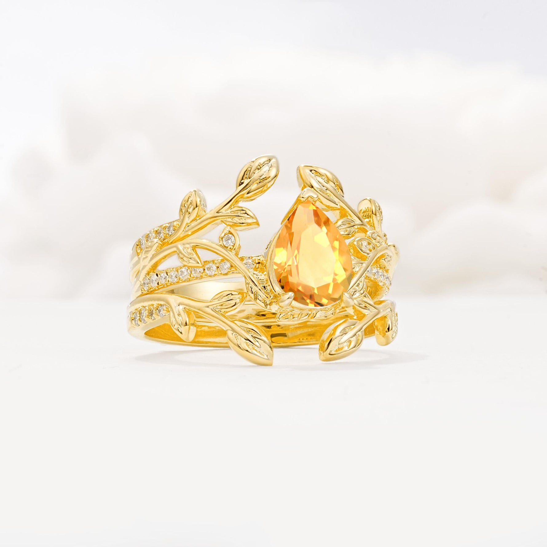 Pear Cut Citrine Floral Engagement Ring Set - Rose-Gold