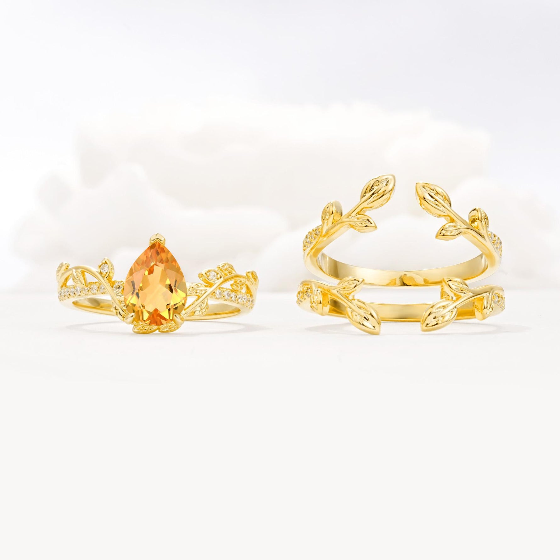 Pear Cut Citrine Floral Engagement Ring Set - White-Gold