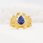 Pear Cut Tanzanite Floral Engagement Ring Set - Yellow-Gold
