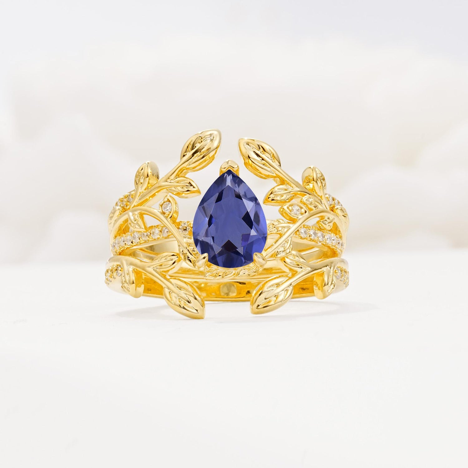 Pear Cut Tanzanite Floral Engagement Ring Set - Yellow-Gold