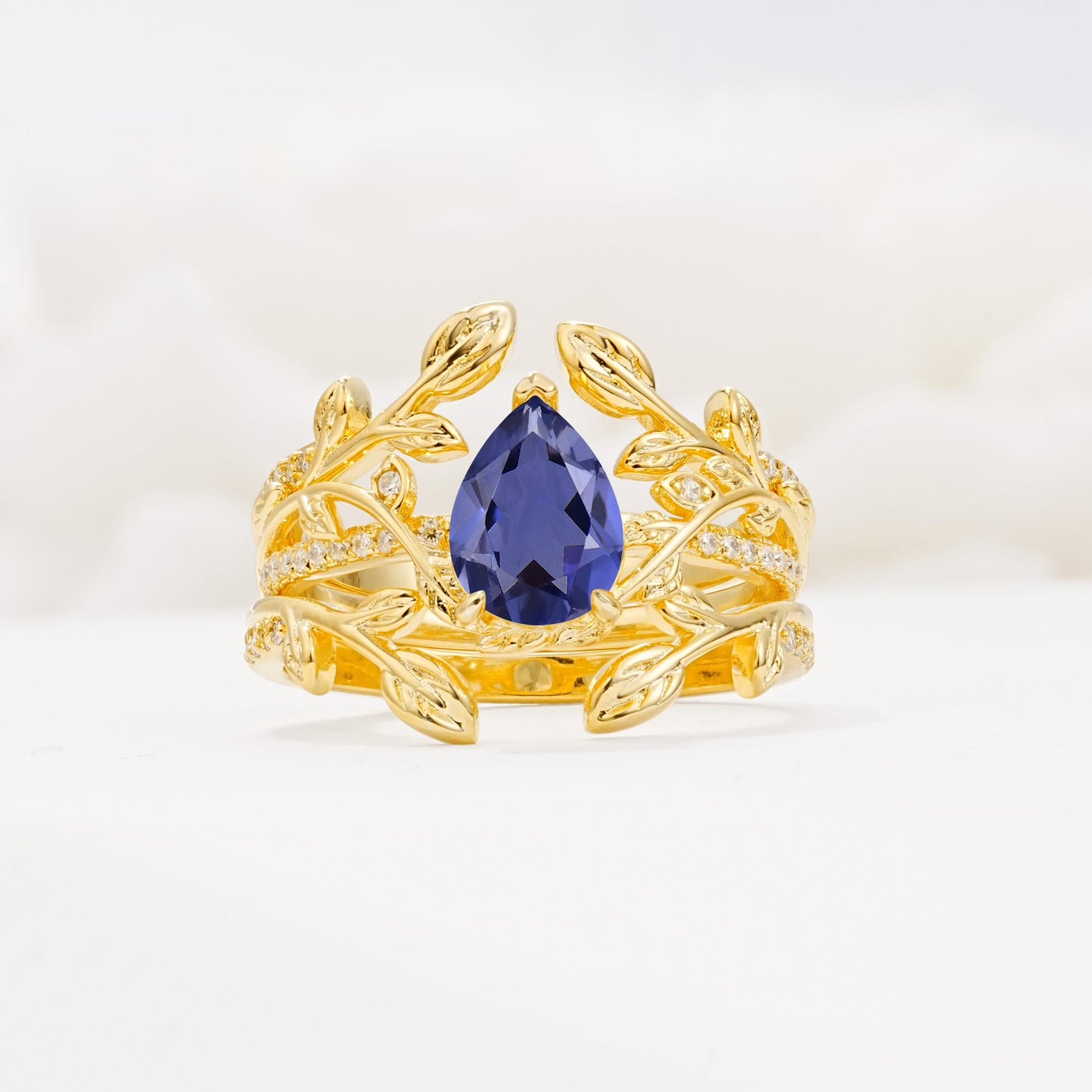Pear Cut Tanzanite Floral Engagement Ring Set - Yellow-Gold